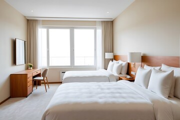Fototapeta premium A simple hotel room interior with white beds. Standard room hotel concept.