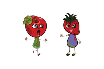 Fruit cartoon characters, happy apple, and angry strawberry face vector illustration for fun designs