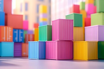 Fototapeta premium Colorful container stacks arranged in an illustrative style, set against a blur background