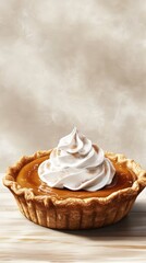 A freshly baked pumpkin pie with whipped cream and cinnamon sits on a wooden table, ready to be enjoyed