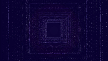 Technology wireframe square tunnel on dark background. Futuristic 3D wormhole grid. Digital dynamic wave. Vector illustration.