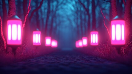 Enchanted Pathway with Neon Lanterns at Night