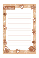 Blank recipe card for Christmas gingerbread cookies decorated with gingerbread and snowflakes