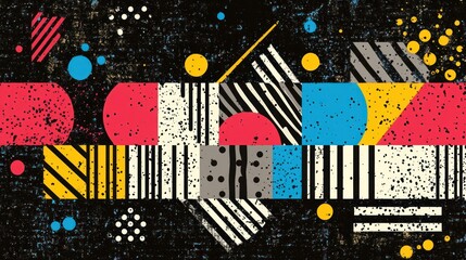 Obraz premium Abstract geometric pattern with bright colors and a grunge texture on a black background.