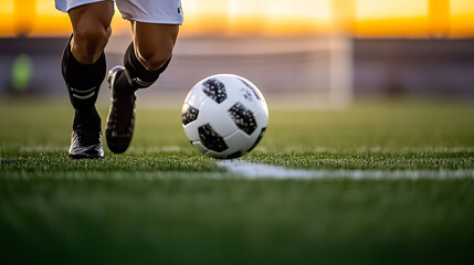 Fototapeta premium A soccer player dribbles a ball on a lush field at sunset, showcasing skill and focus during a match