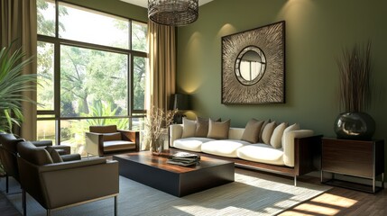 Modern Living Room with White Sofa and Green Walls