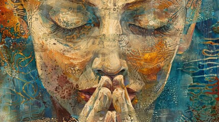 A large painting of a figure in prayer promoting the power and beauty of spirituality.