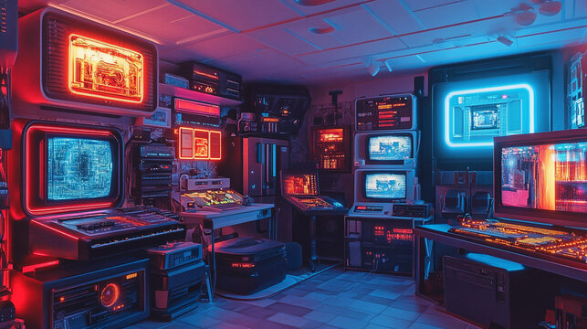 A vibrant retro-computer room filled with neon lights and vintage technology at night