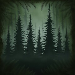 Dark forest green background with silhouettes of tall pine trees, creating a peaceful, woodsy atmosphere.
