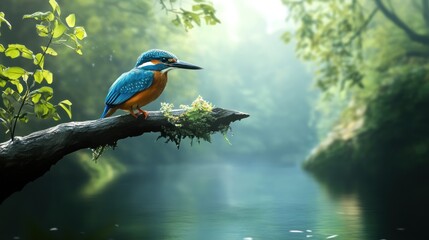 Kingfisher Perched on a Branch Over a Serene River