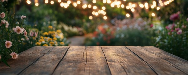 Fototapeta premium Empty wooden table illuminating a blooming garden with string lights