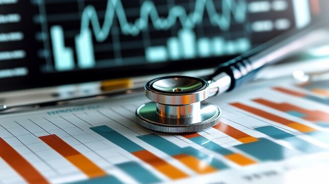 Healthcare Industry Analysis. Medical Stethoscope And Financial Reports On A Desk With Charts.