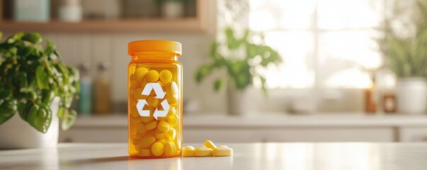 Medicine bottle showing recycling symbol promoting medicine recycling program