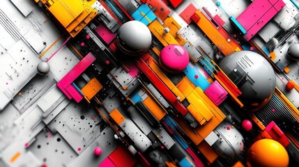 Abstract geometric shapes with vibrant colors and textured background.