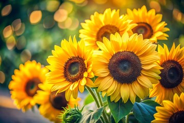 Fototapeta premium Minimalist Tilt-Shift Photography of a Vibrant Sunflower Bouquet Against a Soft Background, Capturing the Essence of Nature's Beauty in a Unique Perspective