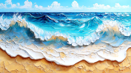Sea waves on the sandy beach. Oil color painting.