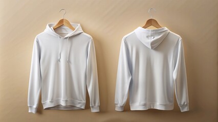 Mockup Presentation of White Unfolded Longsleeve Sun Protection Hoodie on Hanger for Sportswear Branding - Front and Back View Closeup of Men's Apparel Template
