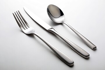 Modern Elegant Cutlery Set: Aerial Photography of Fork, Spoon, and Knife Isolated on White Background with Clipping Path for Culinary, Tableware, and Dining Concepts
