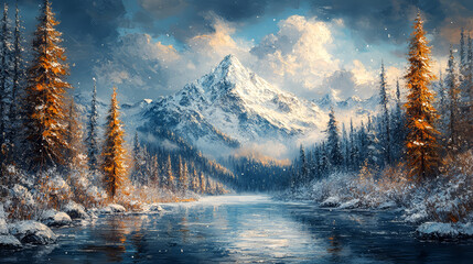 Fantastic winter landscape with snowy fir trees and mountain river. Oil color painting.