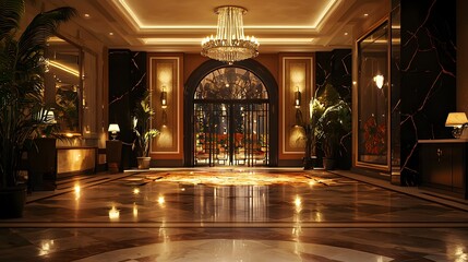 Fototapeta premium A Beautifully Lit Entrance to a Luxury Hotel with a Grand Chandelier 
