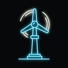 Blue neon sign of a wind turbine spinning and generating clean, renewable energy on a black background