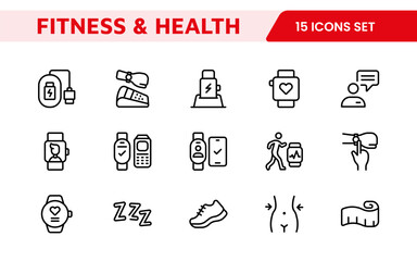 Health Tracking Icon Set. Clean and modern icons for fitness, wellness, and medical apps, perfect for tracking workouts, nutrition, vitals, and overall well-being in a user-friendly way.