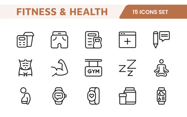 Health Tracking Icon Set. Clean and modern icons for fitness, wellness, and medical apps, perfect for tracking workouts, nutrition, vitals, and overall well-being in a user-friendly way.