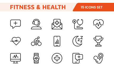 Health Tracking Icon Set. Clean and modern icons for fitness, wellness, and medical apps, perfect for tracking workouts, nutrition, vitals, and overall well-being in a user-friendly way.