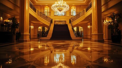A Beautifully Lit Entrance to a Luxury Hotel with a Grand Chandelier