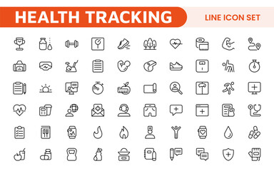 Health Tracking Icon Set. Clean and modern icons for fitness, wellness, and medical apps, perfect for tracking workouts, nutrition, vitals, and overall well-being in a user-friendly way.