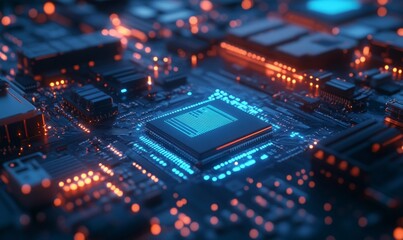 Fototapeta premium Close-up of a modern microprocessor with glowing blue circuit board elements, showcasing advanced technology and design