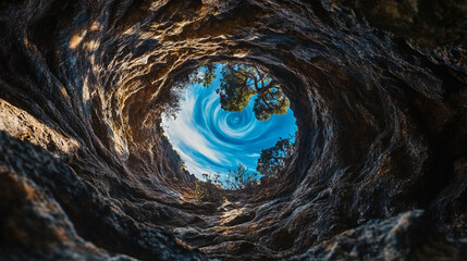 Obraz premium Looking up from the depths of a rocky well with swirling clouds and trees visible above