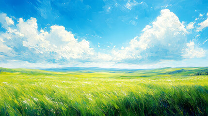 Obraz premium Summer landscape with green meadow and blue sky with white clouds. Oil color painting.
