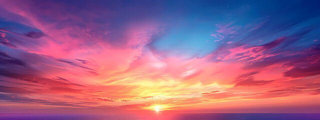 A breathtaking sunset paints the sky in vibrant pink, purple, and blue hues over tranquil ocean waters.
