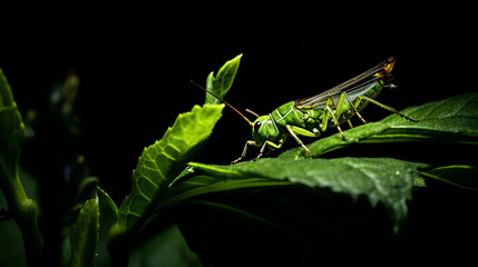 Closeup of grasshopper on black background
