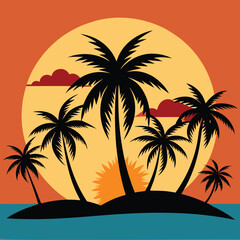 summer background vector with palm tree silhouettes and sunset