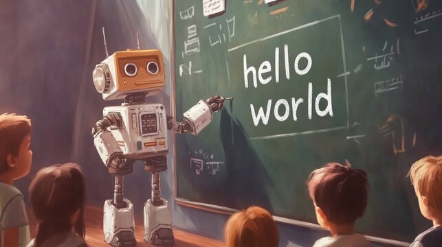 Robot writing "hello world" on a blackboard as amazed children observe, highlighting collaboration. AI generated