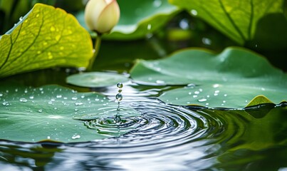Close-up of lotus leaves during a gentle rain, with raindrops creating ripples on the surface of the water and dripping from the leaves