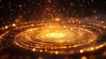 Abstract glowing spiral of golden light particles on dark background.