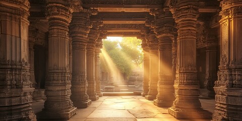 Ancient Temple Corridor Bathed in Golden Sunlight