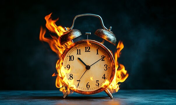 Burning alarm clock. Time out or deadline pressure concept. Clock on fire, symbol of hot sale, discounts, shopping time, countdown. Oversleep, waste of time, insomnia.