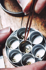 Watch components organized in sections for careful handling