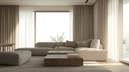 Fototapeta premium Modern Living Room with White Sofa, Wooden Coffee Table, and Large Window