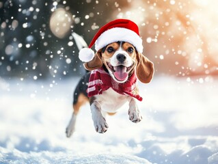 Joyful Beagle in Santa Hat Dashing Through Snow, Radiating Happiness and Playful Spirit