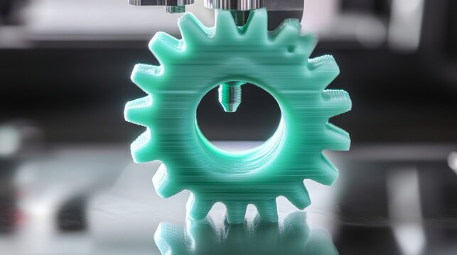 A 3D-printer's print head creates a gear from mint-colored plastic, representing modern manufacturing.