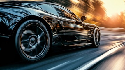 A black sports car in motion with a blurred background showcases original design and speed.