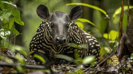 Obraz premium A zebra standing amidst a rainforest, surrounded by dense foliage.
