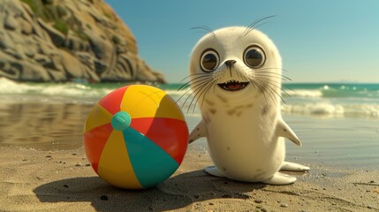 Obraz premium A cute cartoon seal pup on a beach with a beach ball.