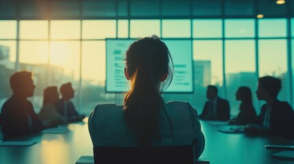 A powerful female executive leading a meeting in a bright conference room, presenting data on a screen to a team of diverse professionals