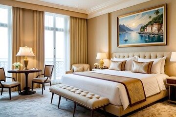 Five-star hotel bedroom with a double bed lamp and luxury decor.
